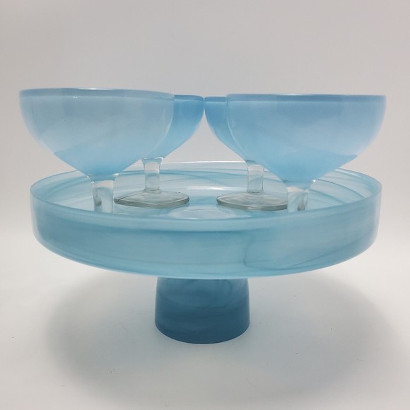 Blue Art Decor Raised Pedestal Platter Plate Cake Stand Wt 4 Ice Cream Wine Cups - Picture 11 of 12